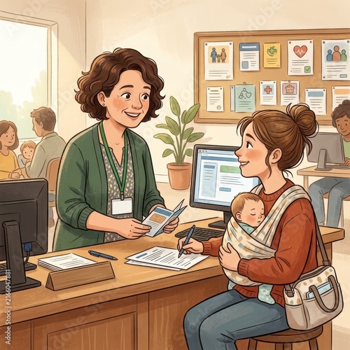 Mother with baby visiting office for consultation