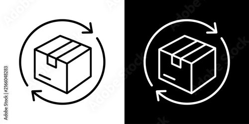 定期購入を表す商品箱と循環矢印の白黒線画アイコン