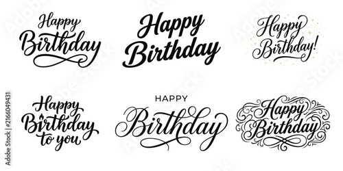 Set of six elegant happy birthday hand lettering designs in various calligraphic styles for greeting cards