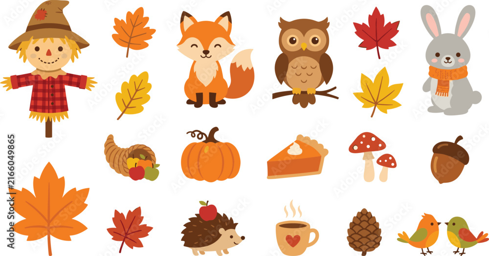 Obraz premium Cute Autumn Vector Clipart Set with Forest Animals, Fall Leaves, Scarecrow, Pumpkin, and Cornucopia Elements for Thanksgiving, Halloween, and Seasonal Holiday Craft Designs