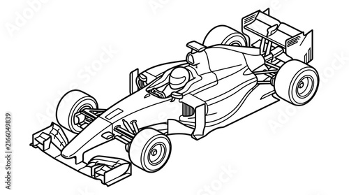 Isometric line art illustration of a generic open-wheel racing car featuring a driver in the cockpit, front and rear spoilers, and aerodynamic bodywork on a white background.