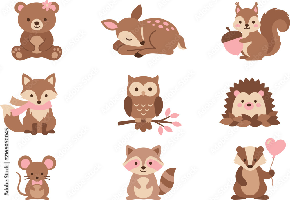 Fototapeta premium Cute Woodland Forest Animals Clipart Vector Set Featuring Bear Deer Squirrel Fox Owl Hedgehog Mouse Raccoon and Badger with Pink Accessories for Nursery Designs