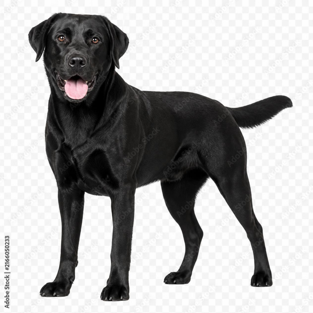 Fototapeta premium Realistic Labrador Retriever standing full body, glossy black coat, friendly expression, isolated on transparent background, detailed fur, clean edges