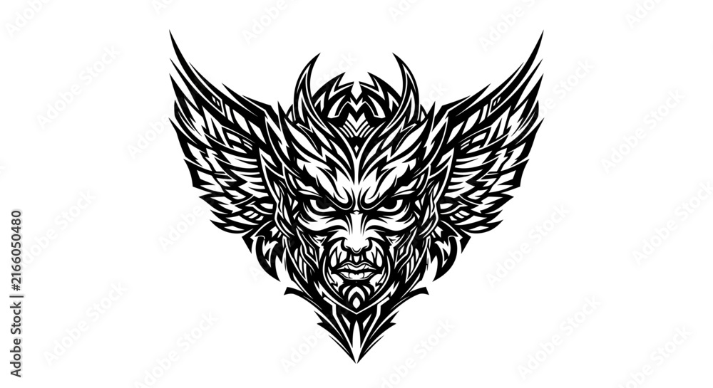Fototapeta premium Intricate black and white illustration of a fierce winged mythical creature's head with sharp features and intense eyes, fantasy art.