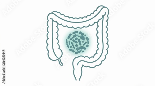 Human colon illustration with gut bacteria and intestinal flora microbiome concept on white background