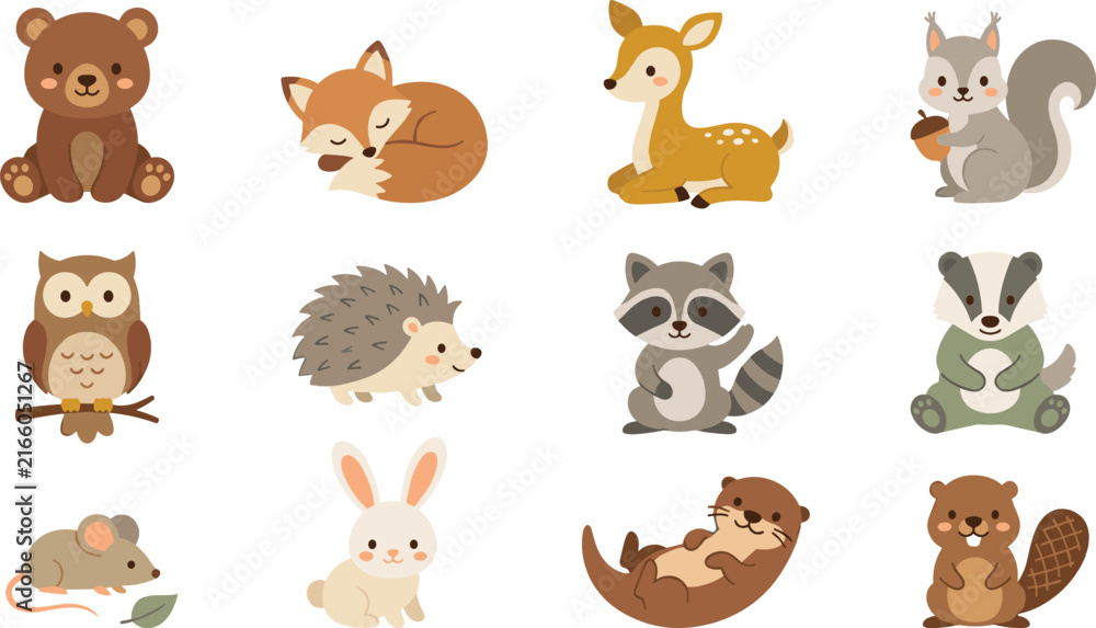 Obraz premium Cute Woodland Forest Animals Clipart Vector Set Featuring Bear Fox Deer Squirrel Owl Hedgehog Raccoon Badger Mouse Bunny Otter and Beaver for Nursery Designs