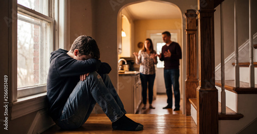 Sad teenage boy sitting on floor crying while his angry parents are arguing in background at home during a difficult family conflict and emotional crisis