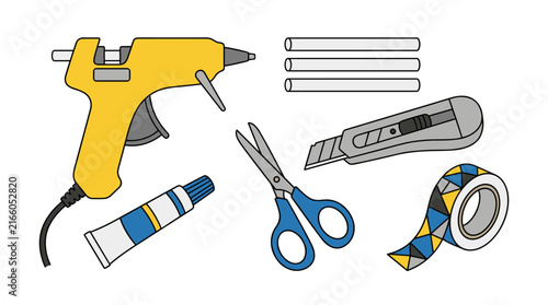 Fotografie Flat design vector illustration of craft supplies: hot glue gun, glue sticks, scissors, utility knife, and patterned tape