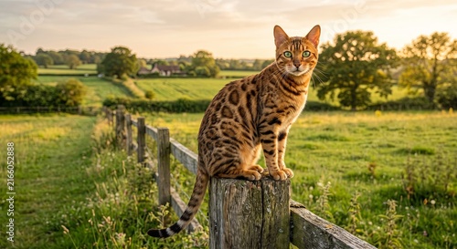 Striking Bengal cat perched elegantly on wooden fence post, golden countryside fields and trees at sunset.
