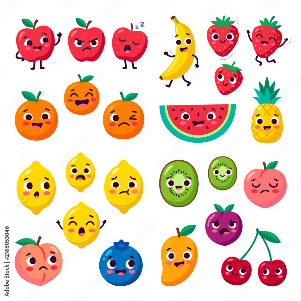 Fototapeta premium Vector sticker sheet collection of cute cartoon fruit characters showing diverse facial expressions. Set including apple, banana, strawberry, orange, watermelon, pineapple, lemon, kiwi, peach, blueber
