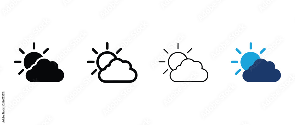 Obraz premium Weather Icons Showing Sun with Different Cloud Coverages Isolated on Transparent Background