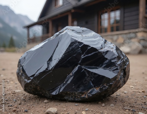 Obsidian Stone Standing Out Against a Mountain Cabin Backdrop in Alpine Terrain