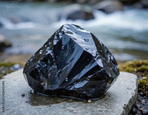 Obsidian Stone Gleaming on a Mossy Stepping Stone Amid a Splashing River in a Lush Wet Environment