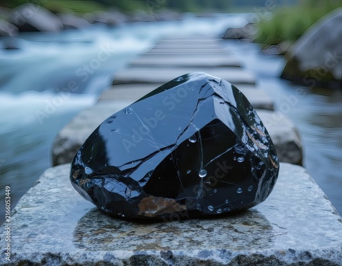 Obsidian Stone Resting on a Riverside Stepping Stone Where Nature Meets a Wooden Bridge