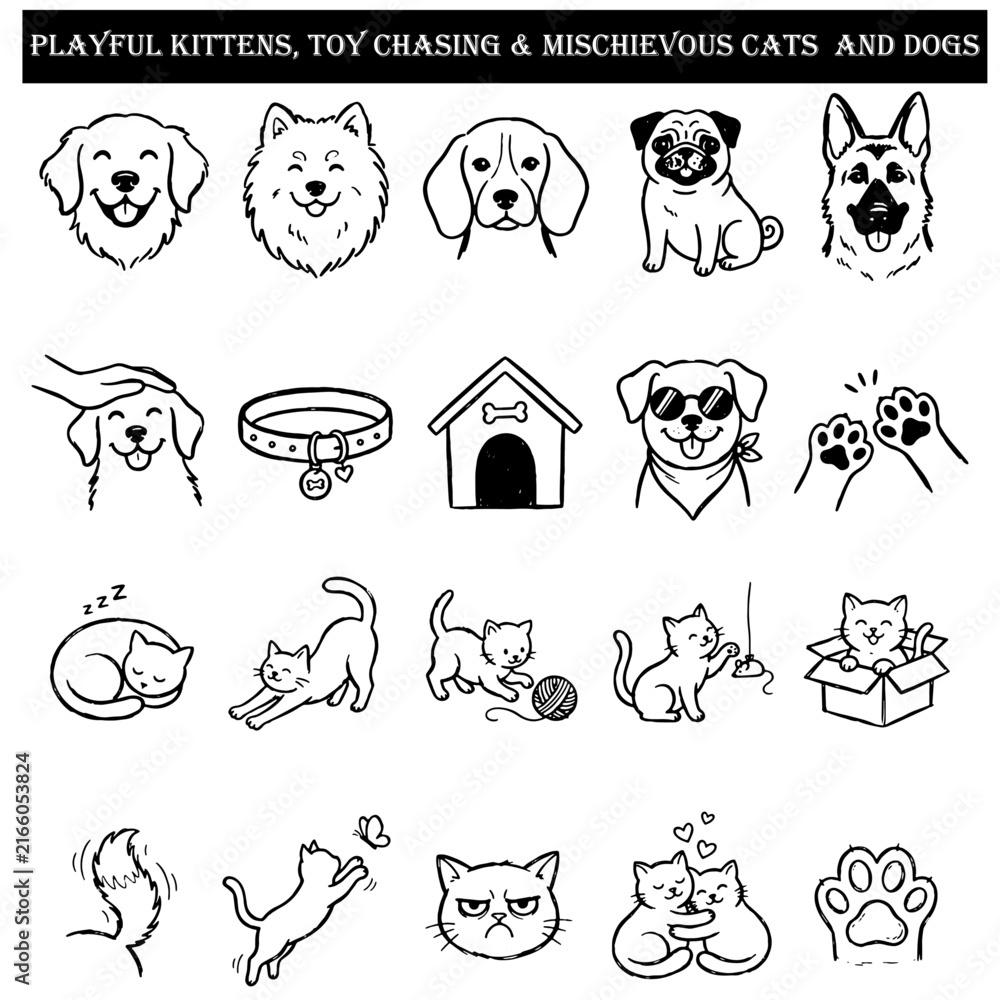 Fototapeta premium Playful Kittens Dog Breeds Pet Grooming Accessories and Mischievous Cats Vector Icon Set