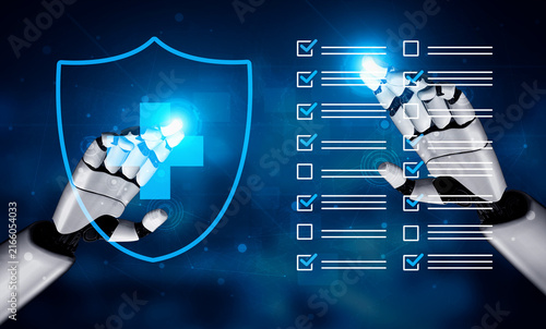 Obraz na plátně Digital Health Innovation Concept with Robotic Hands, Shield Symbol, and Checkli