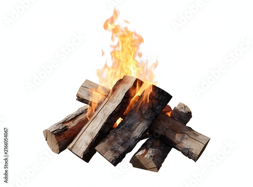 Burning wood bonfire isolated on white background. Camping warmth and outdoor fireplace concept. Wood logs burning with bright orange flames and glowing embers