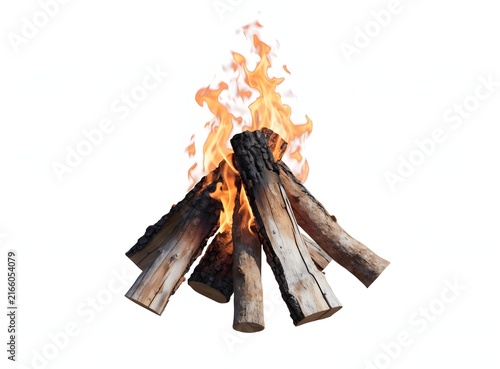 Teepee style campfire with burning logs isolated on white background. Outdoor survival and camping heat concept. Wood pile creating vertical bright flames and heat