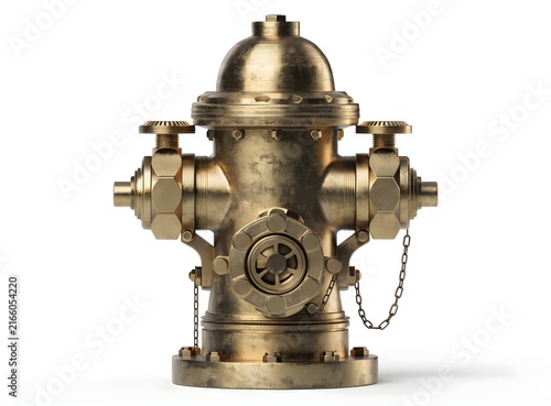Vintage golden fire hydrant isolated on white background. Emergency water supply and municipal protection concept. Metallic fireplug standing upright with attached side chain