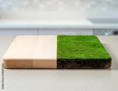 Cutting Board Split Along Its Length into Pale Wood and Moss-Covered Soil, Symbolizing Contrast Between Nature and Artificiality
