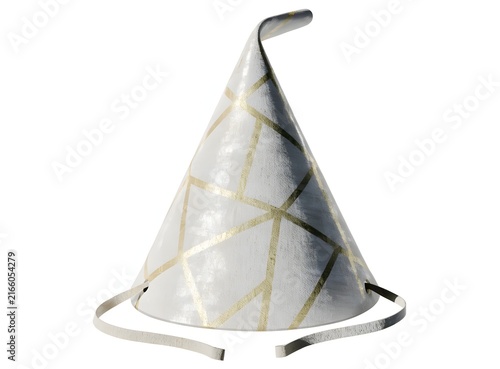 White cone party hat with gold geometric pattern isolated on white. Birthday celebration and event anniversary concept. Paper hat standing with attached elastic chin strap