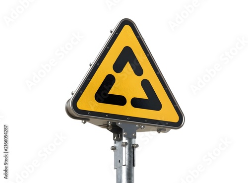 Triangular yellow traffic sign on metal post isolated on white background. Road hazard warning and navigation alert concept. Yellow sign displaying black roundabout arrow symbol