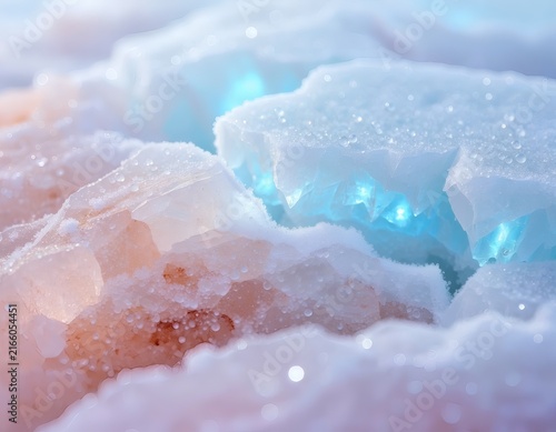 Pink Rock Salt Crystal and Jagged Glacial Ice Ridge Fused Together in Macro, Contrasting Warm Pink and Cold Blue White
