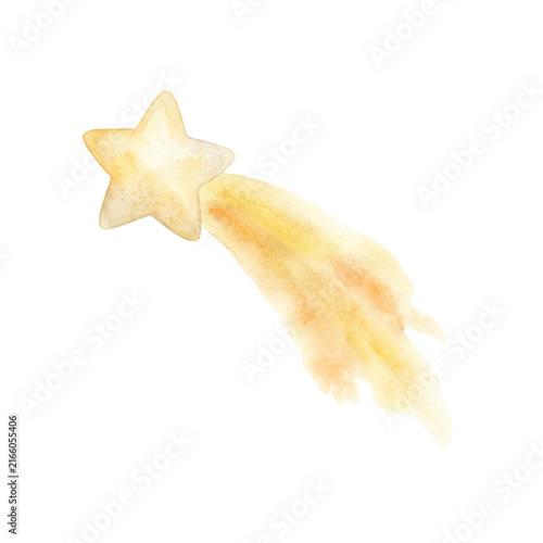 Yellow shooting star with glowing tail watercolor illustration