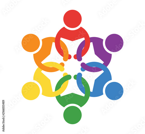 Colorful illustration of diverse people holding hands in a circular pattern