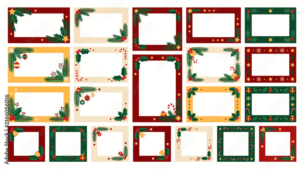 Obraz premium Christmas Frame and Border Collection Vector Set with Holly Leaves Pine Branches and Holiday Decorative Elements