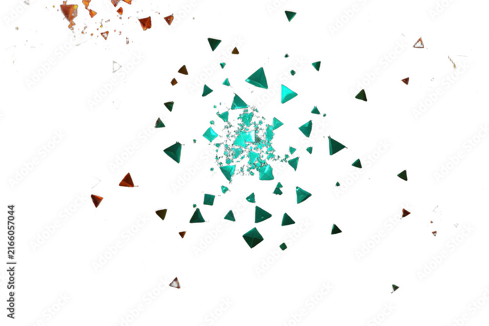 Fototapeta premium Abstract explosion of glowing teal triangular particles on black
