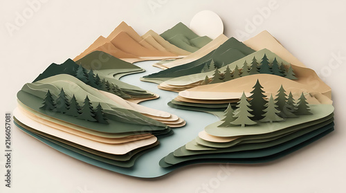 3D papercraft nature landscape background featuring layered mountains pine trees and river for eco friendly environmental branding design