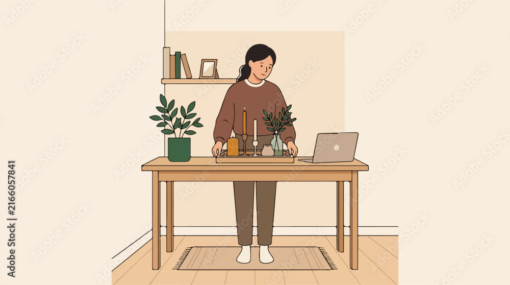 Fototapeta premium A young woman stands by her wooden desk organizing home decor items next to a laptop computer inside a cozy living room during daytime while working remotely from her comfortable residence