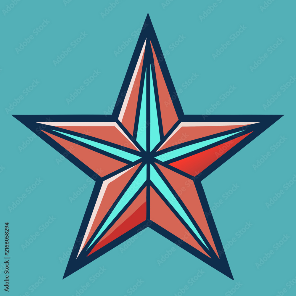 Fototapeta premium Colorful five-pointed star illustration with geometric segments in coral and teal hues