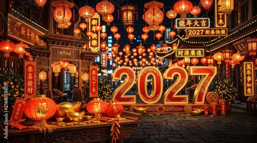 Vibrant Chinese New Year 2027 Celebration with Traditional Lanterns and Decorations.