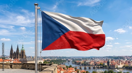 Photography Czech Republic flag waving over Prague cityscape with St