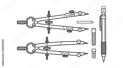 Drafting tools including compasses, mechanical pencil, lead refill, and pencil lead, isolated on white background.