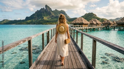 Woman Walking on Wooden Pier Towards Overwater Bungalows in Bora Bora 2.