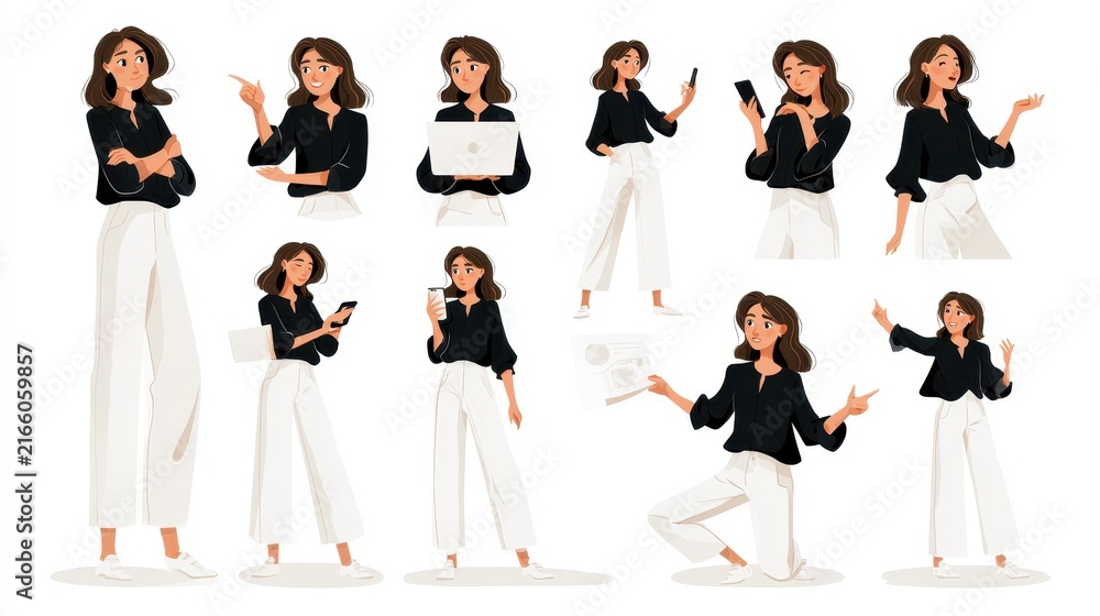 Obraz premium Set of business woman characters in various poses, professional female employee in black shirt and white trousers isolated on white background