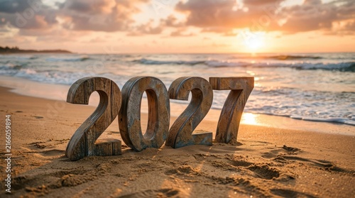 Wooden 2027 Numbers on Sandy Beach at Sunset.
