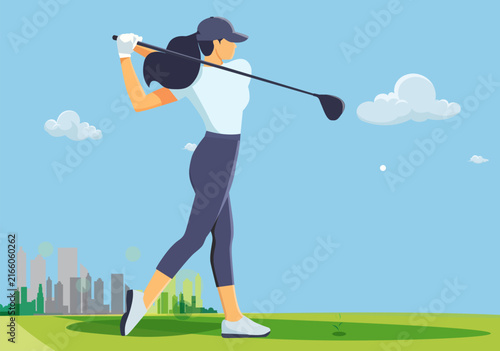 Female Golfer Swinging Golf Club Illustration