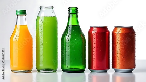 Assorted Colorful Soft Drinks In Glass Bottles And Aluminum Cans On White Background