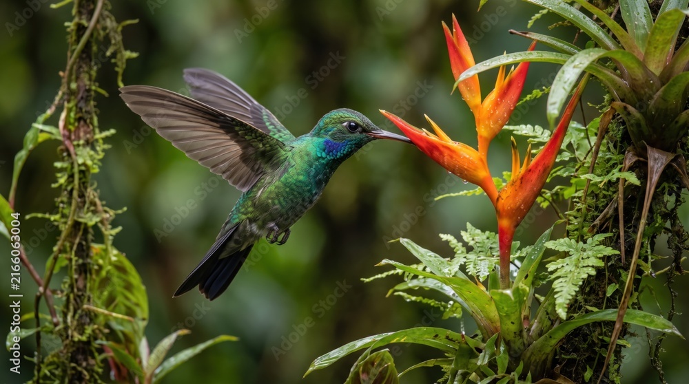Naklejka premium hummingbird hovering in front of a bright orange heliconia flower in the forest