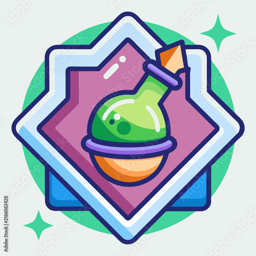 Enchanted green potion bottle icon badge with magical sparkles for fantasy games