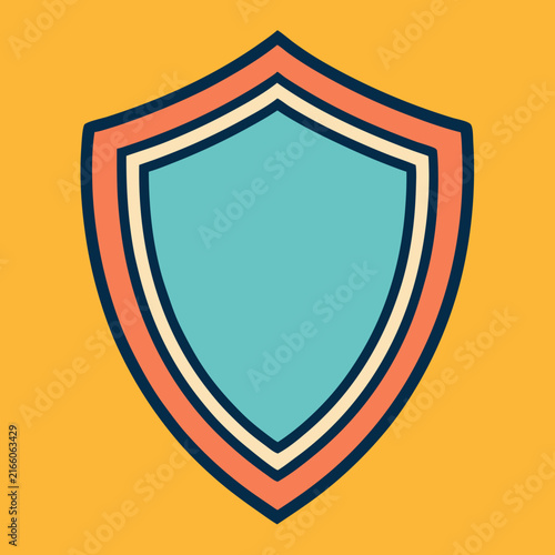A stylized shield icon featuring a vibrant turquoise center with retro-inspired borders on a warm yellow background