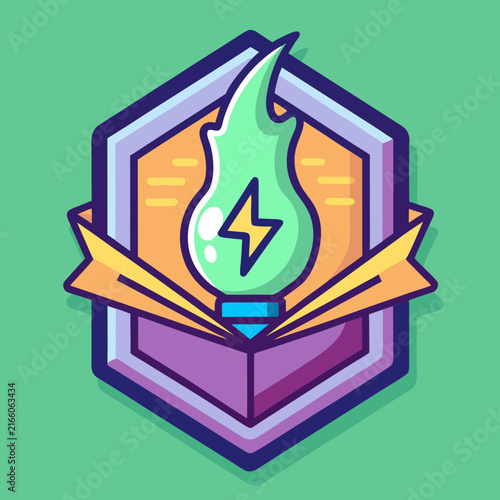 Vibrant hexagonal badge with an electric green flame and lightning bolt symbol