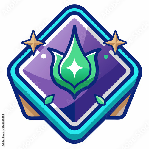 Enchanting diamond emblem featuring a radiant green bud, golden stars, and vibrant teal border
