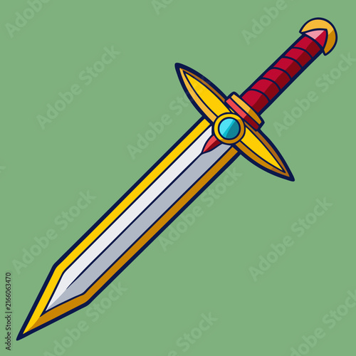 A vibrant cartoon fantasy sword with gold hilt and a blue gem on a green background