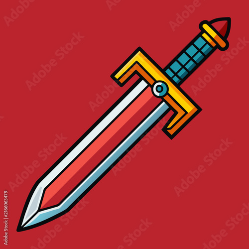 A vibrant and stylized cartoon sword with a red blade and blue handle on a solid red background