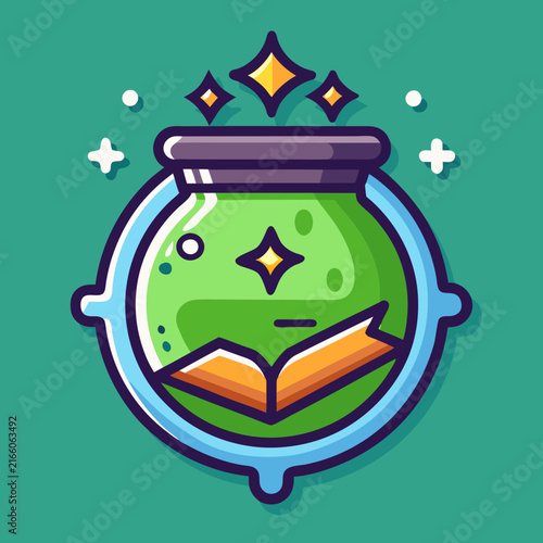Enchanted bubbling green potion containing a mystical book, surrounded by magical sparkles